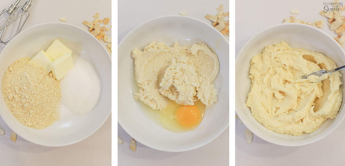 Almond cream filling in a white bowl.