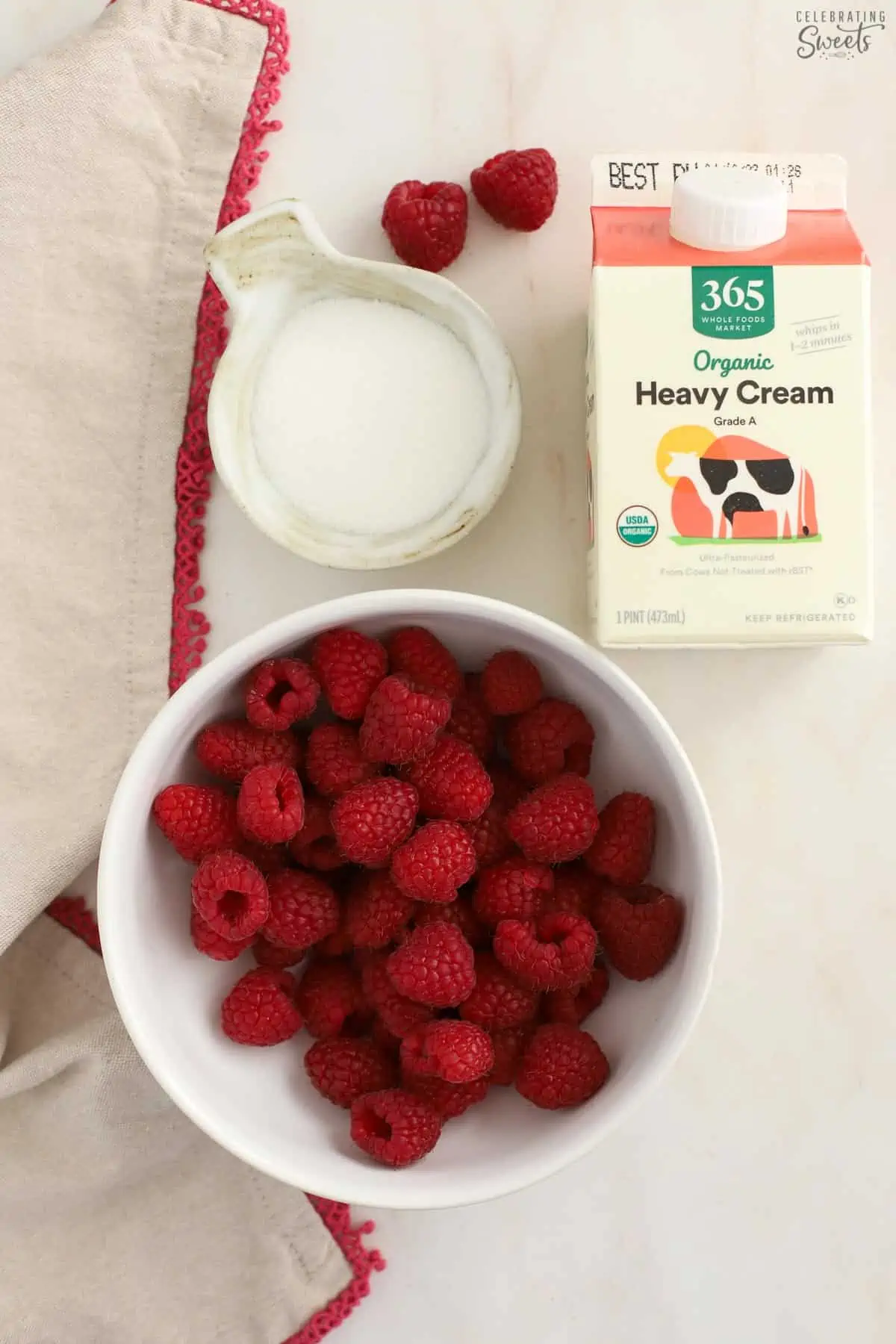 Heavy cream, raspberries, and sugar.