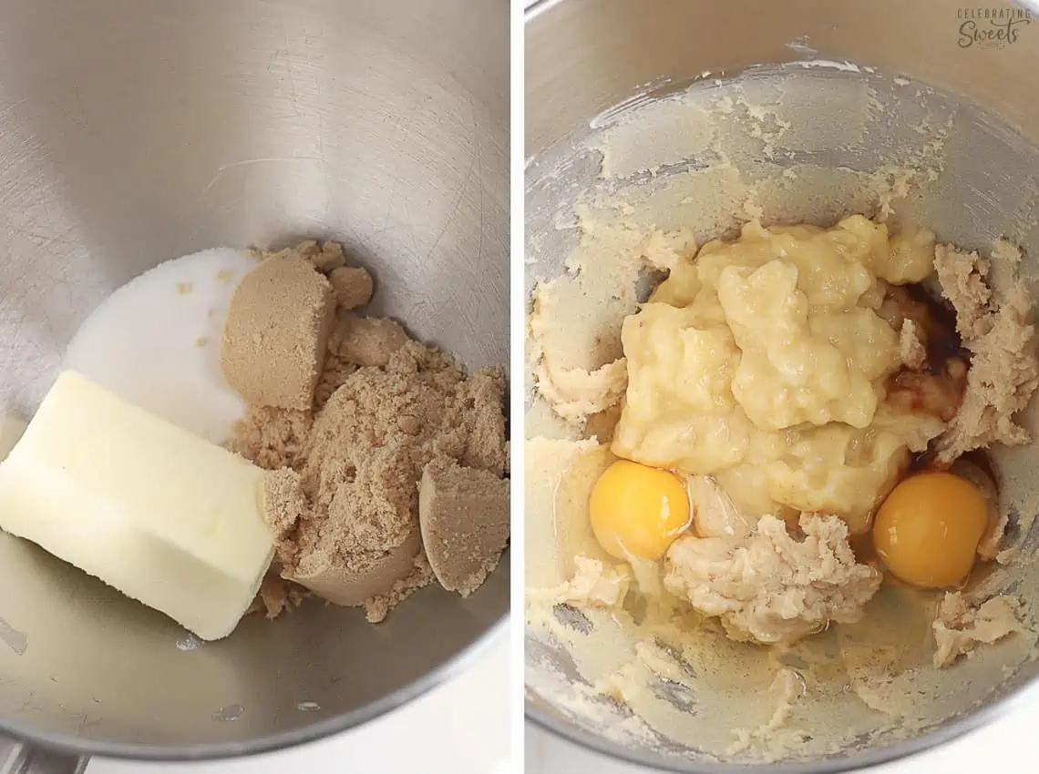 Collage of ingredients in a stainless mixing bowl.