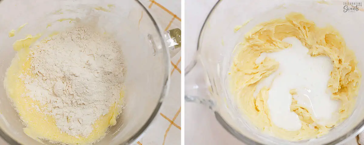 Lemon bread batter in a glass mixing bowl.