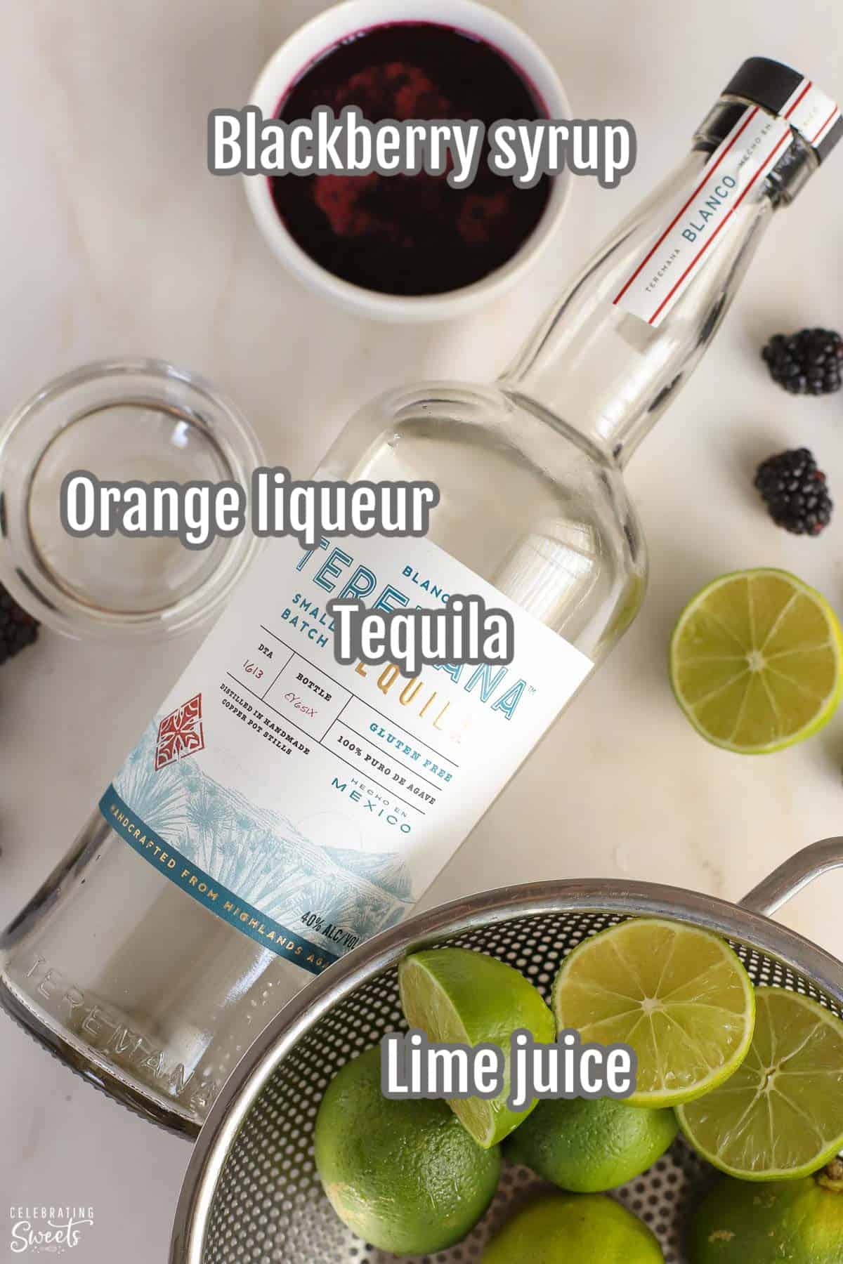 Limes. blackberry syrup, tequila, and orange liquer