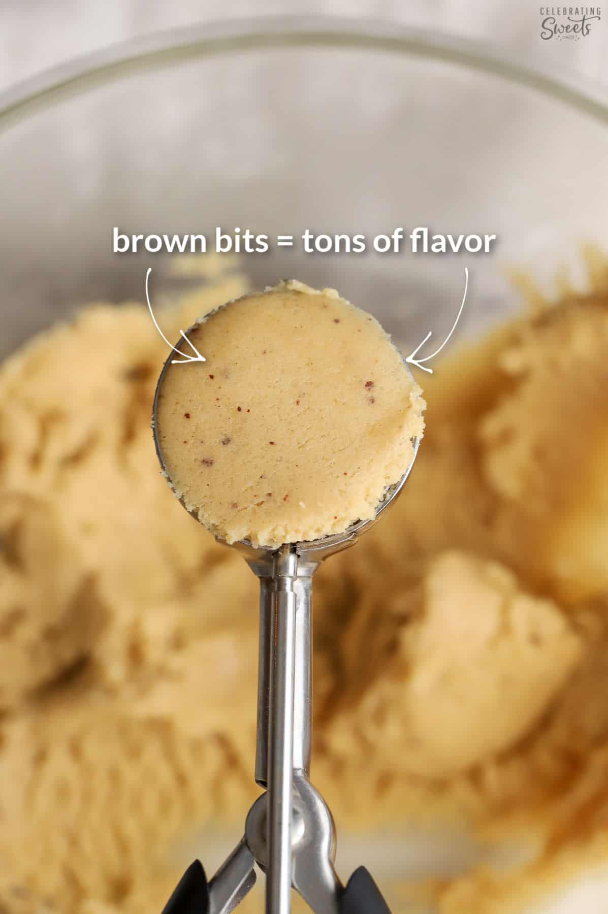 Cookie dough in a cookie scoop.
