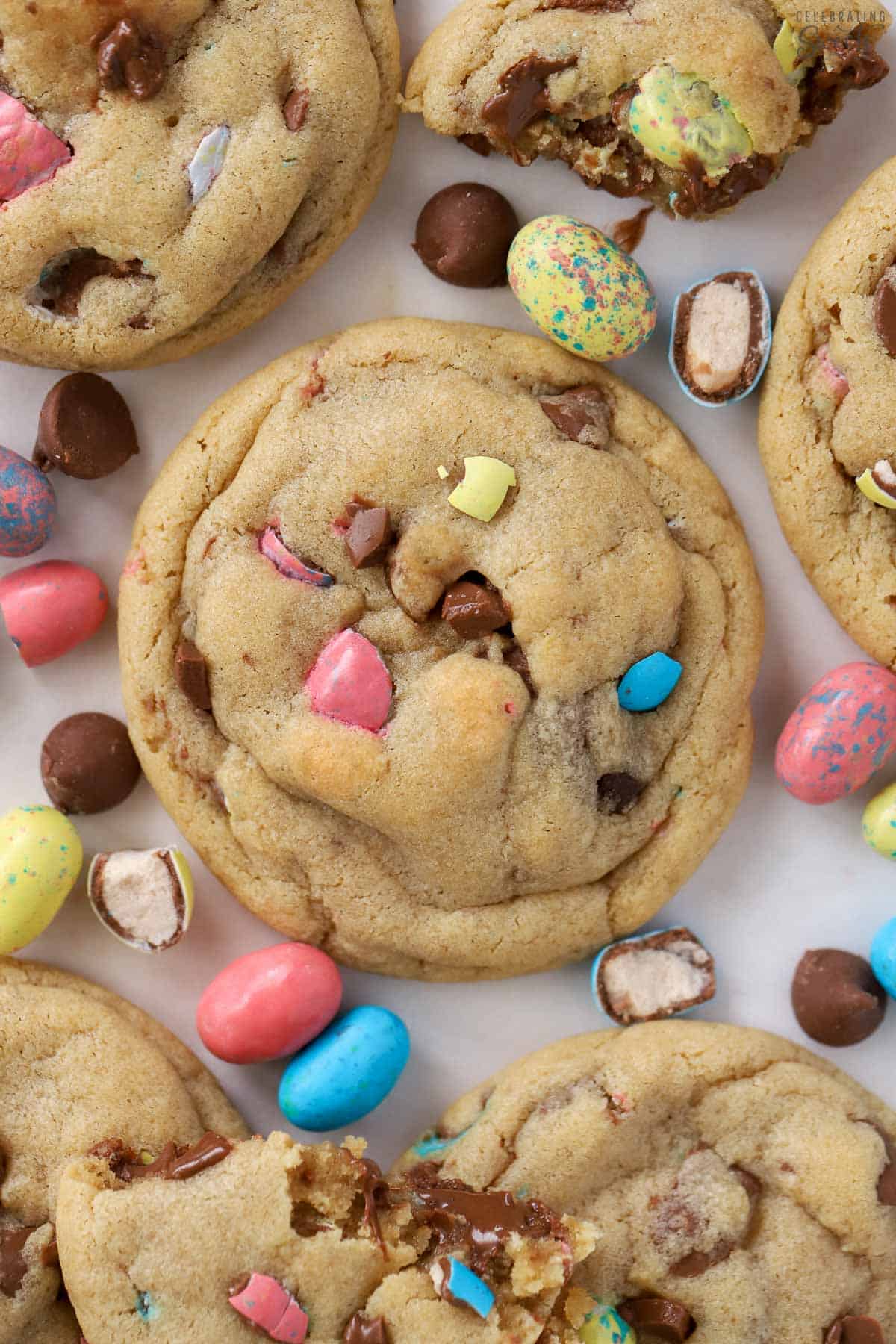 Chocolate chip cookie filled with Robin's Egg candies.