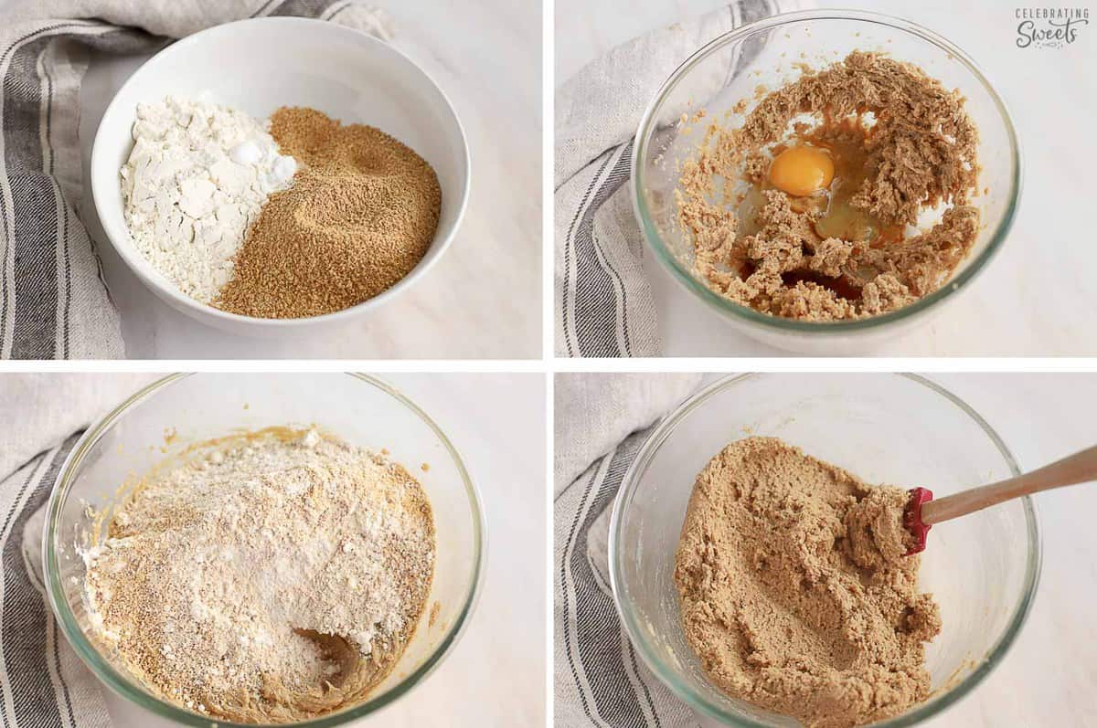 Collage of cookie dough ingredients in a glass bowl