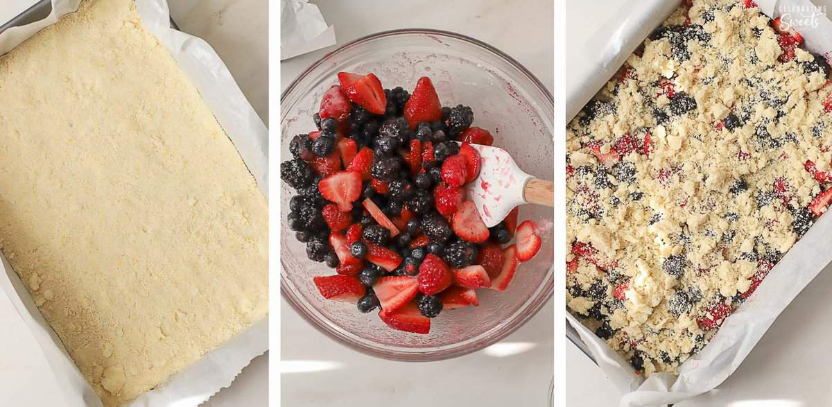 Berry crumble bars recipe preparation. Crust in a pan and berries in a bowl.