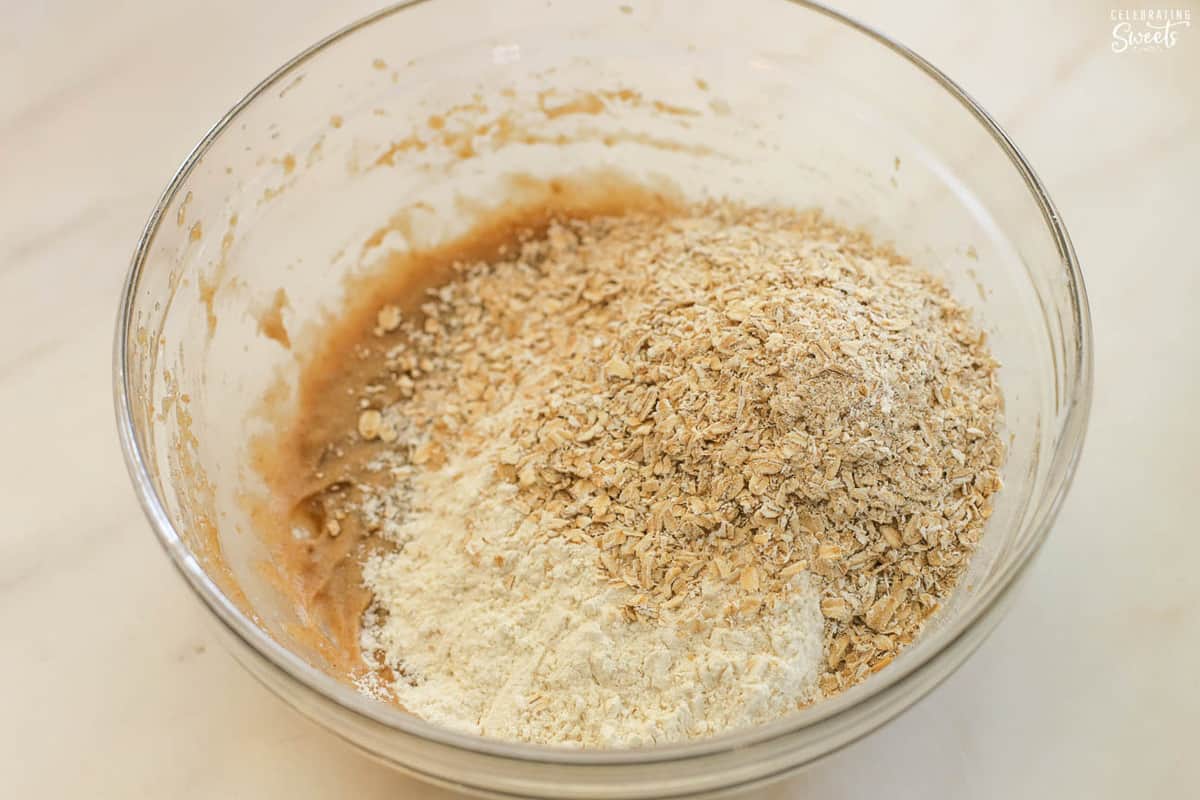 Oatmeal cookie dough in a bowl.