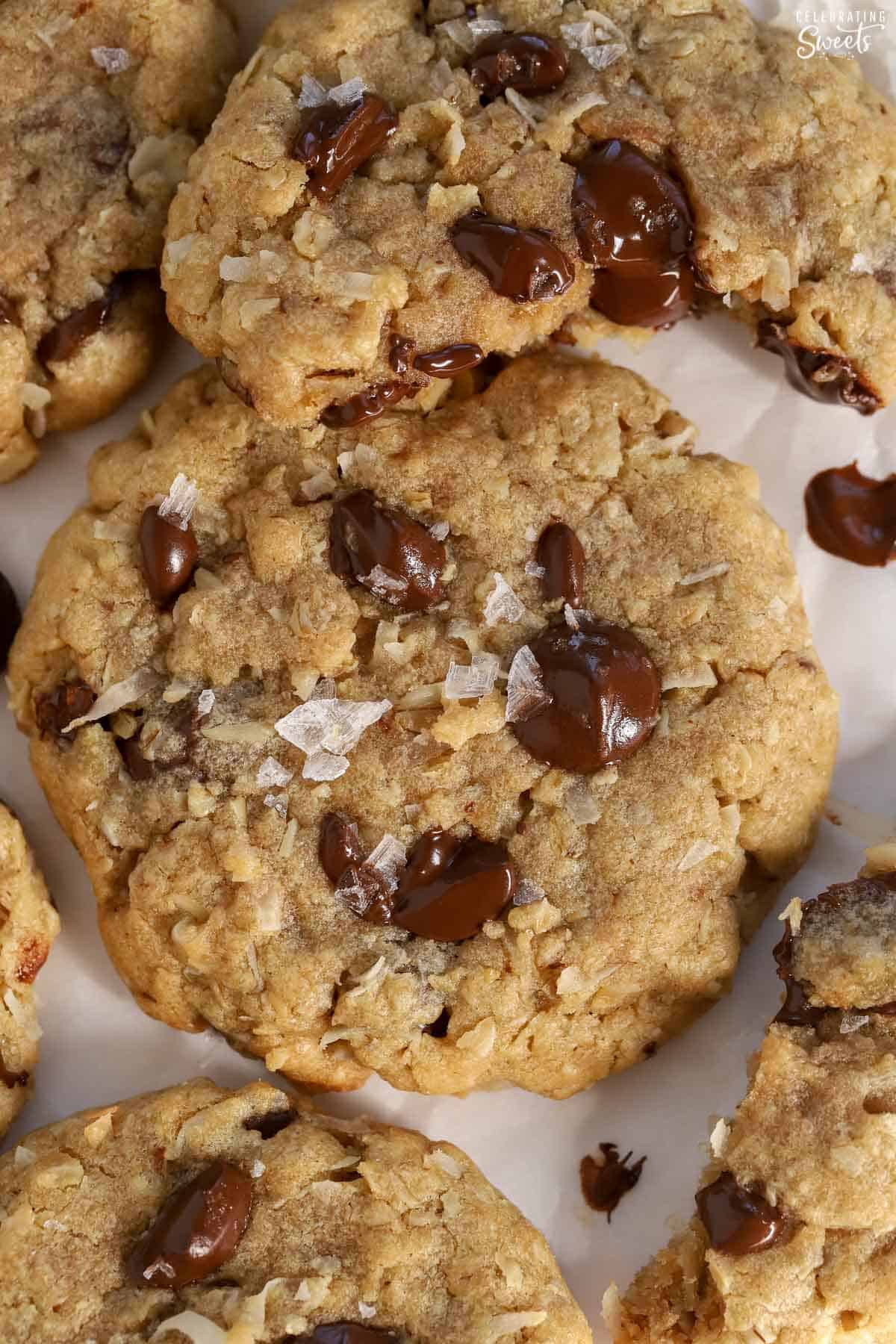 Oatmeal coconut chocolate chip cookie topped with flaky sea salt.