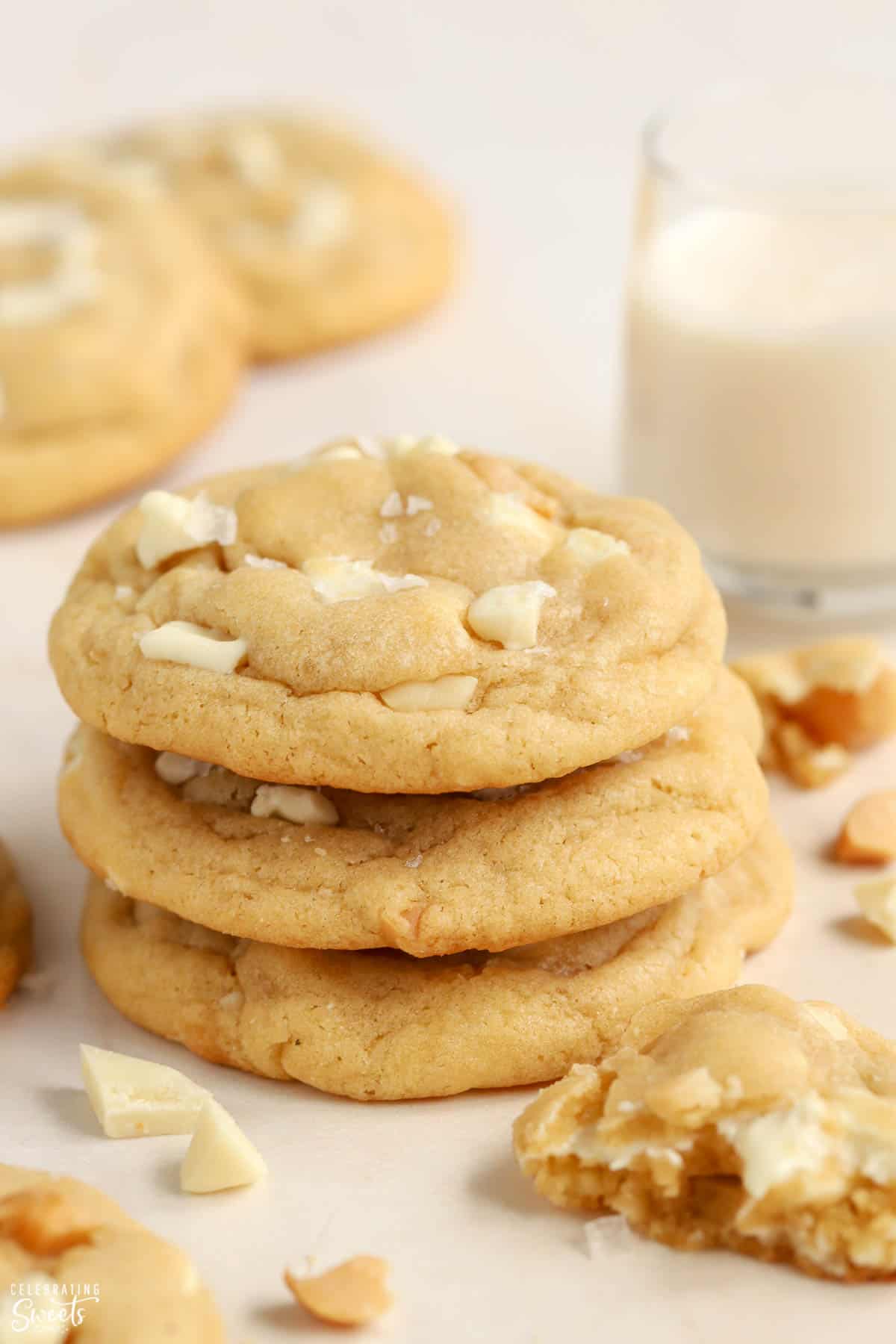 Stack of white chocolate macadamia nut cookies.
