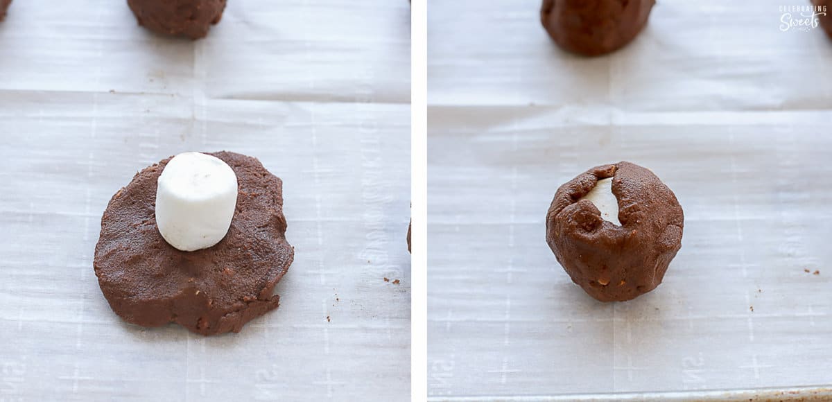 Collage of chocolate cookie dough with marshmallows inside