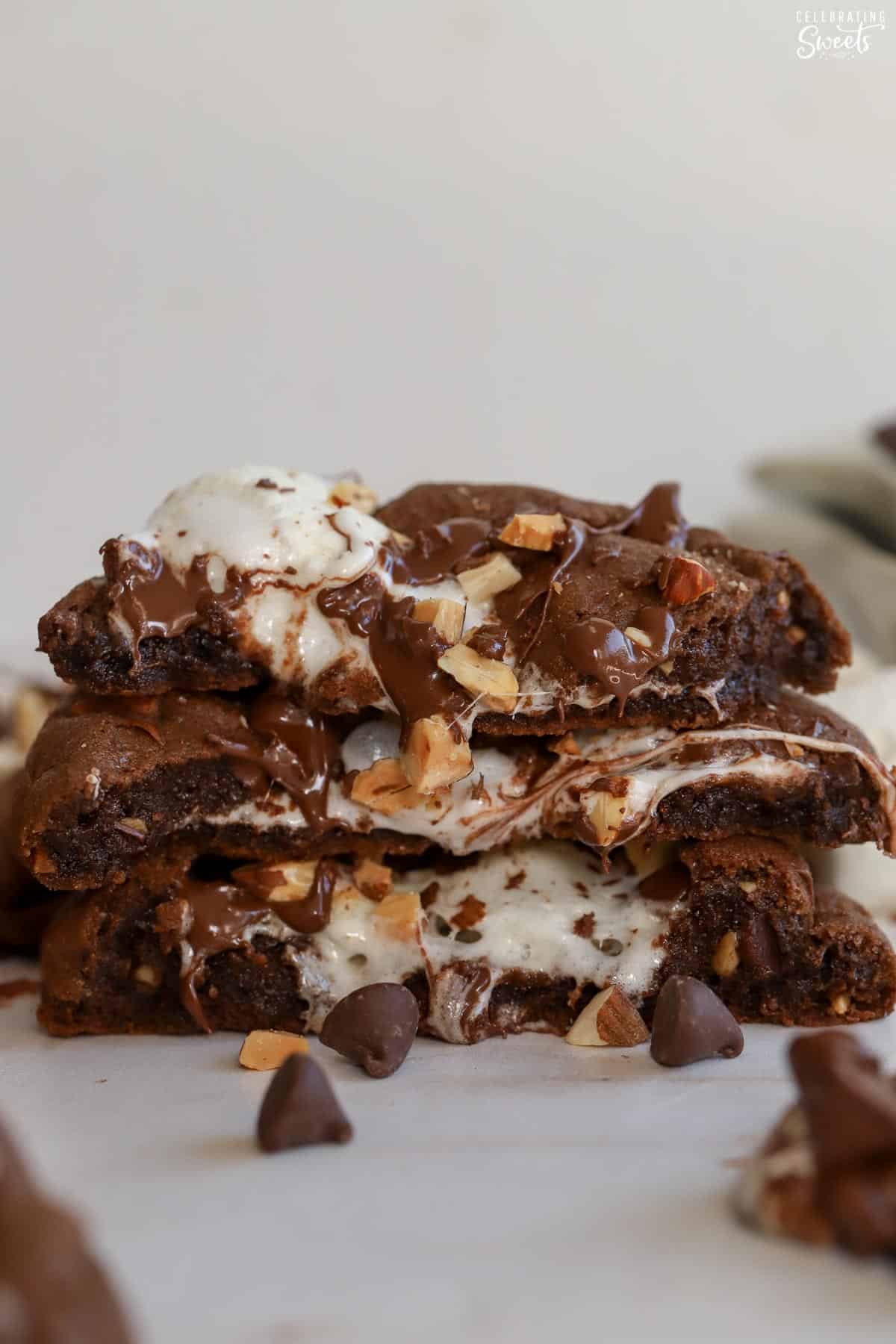 Stack of rocky road cookies split in half.