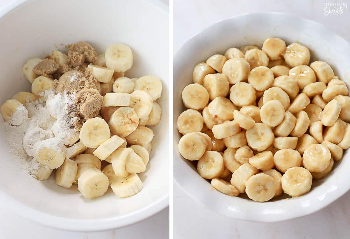 Sliced banana, brown sugar, and flour in a baking dish.