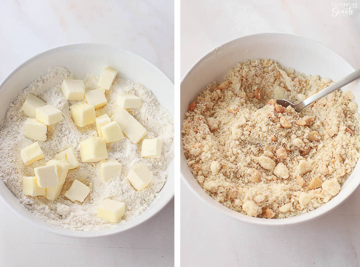 Crumb topping in a white bowl.