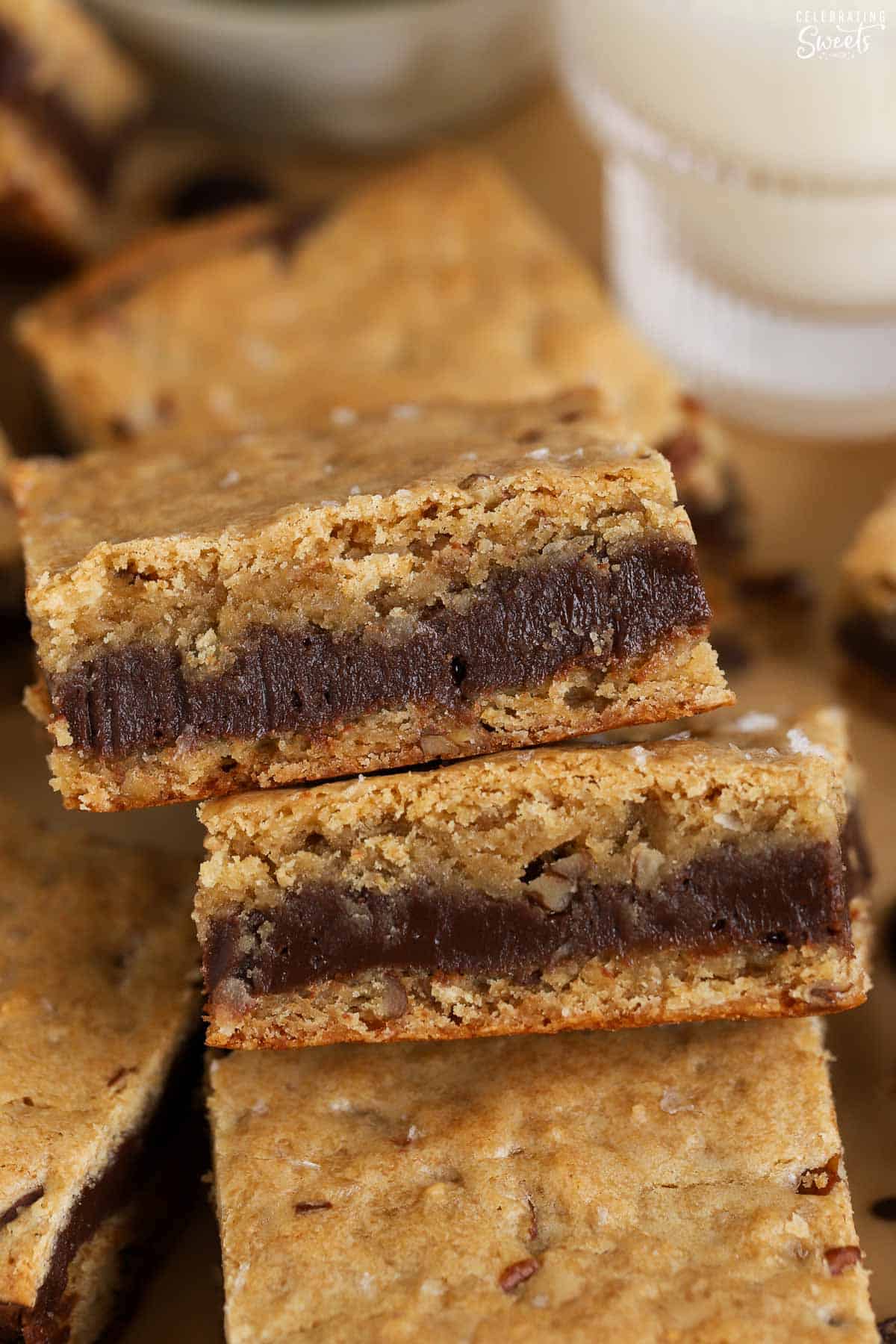 Closeup of two fudge stuffed blondies.
