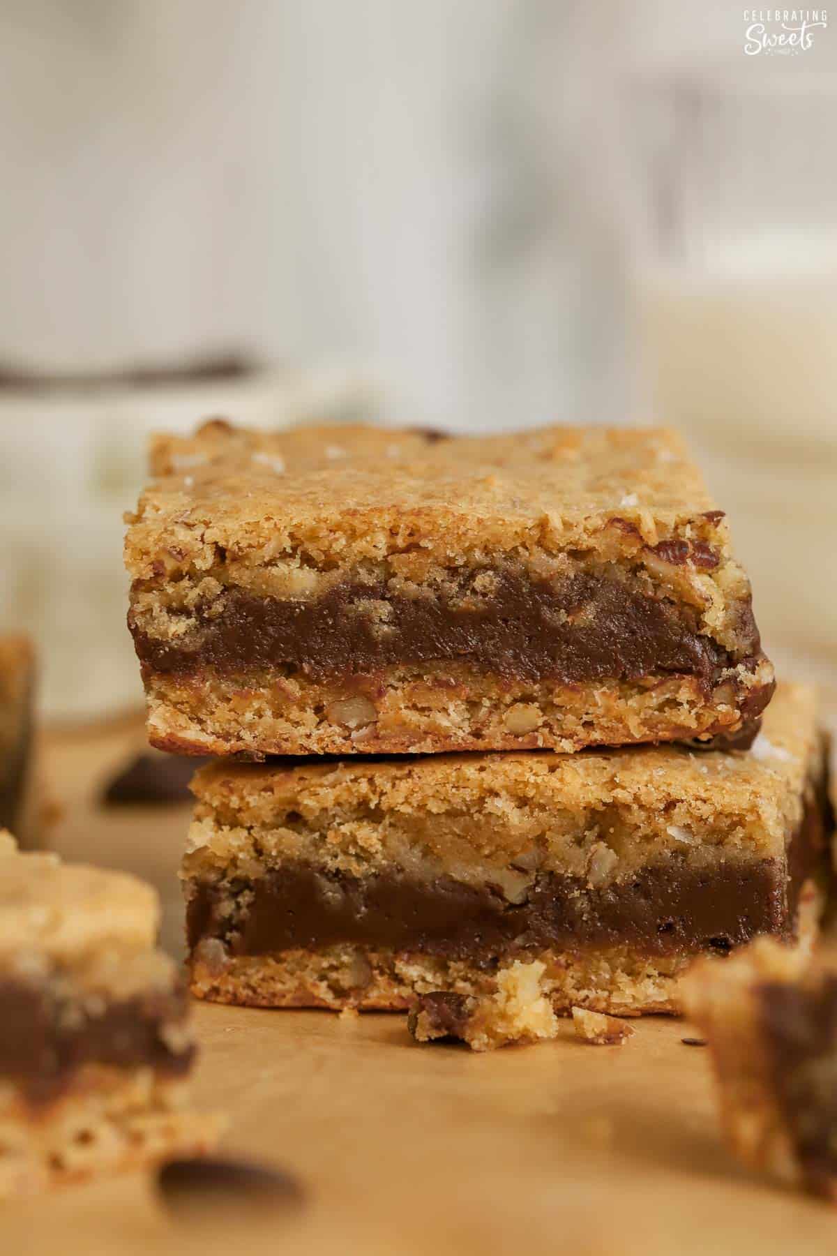 Closeup of two fudge stuffed blondies.