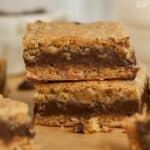 Closeup of two fudge stuffed blondies.
