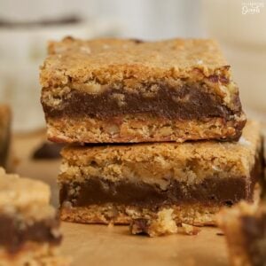 Closeup of two fudge stuffed blondies.