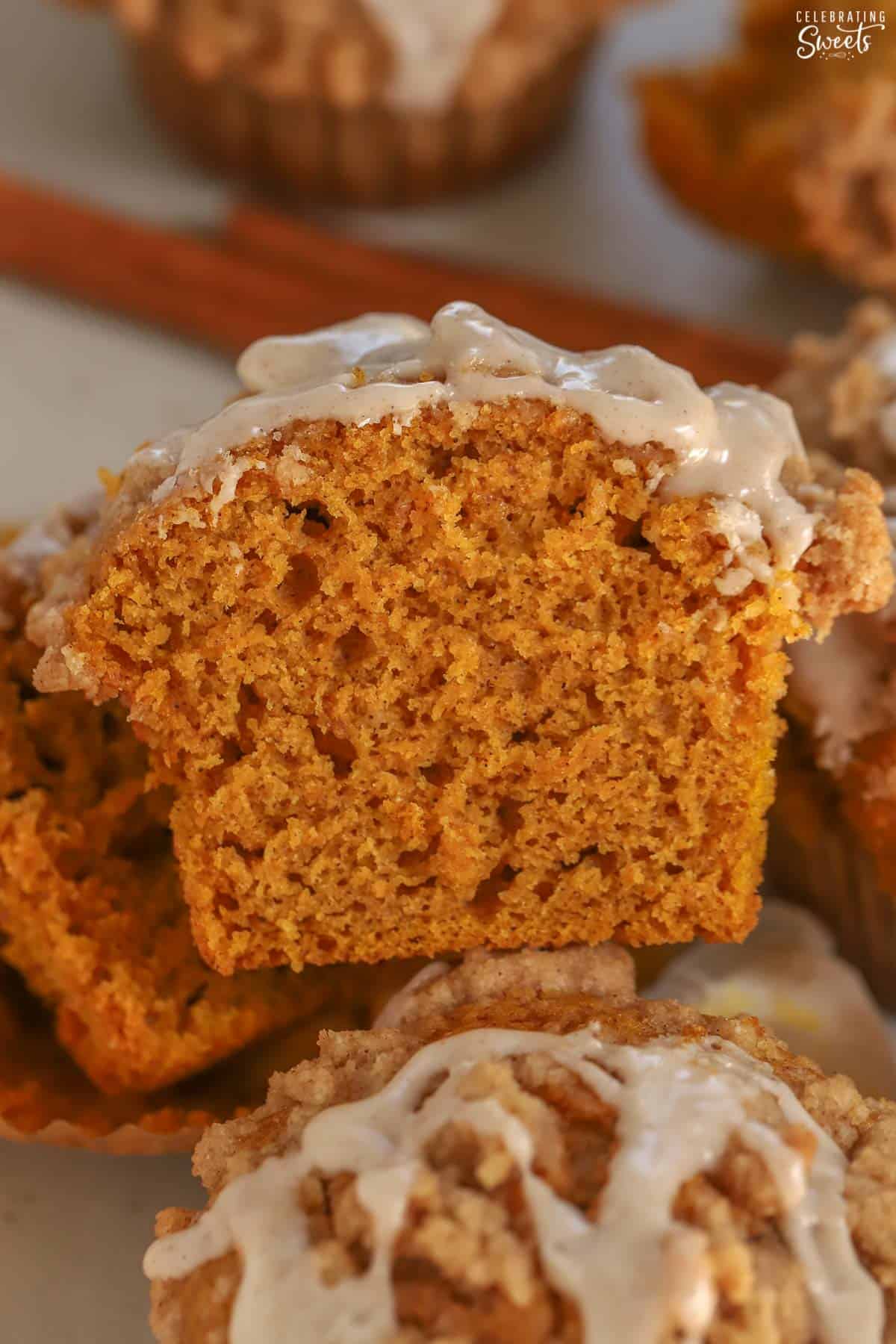Closeup of a pumpkin muffin cut in half.