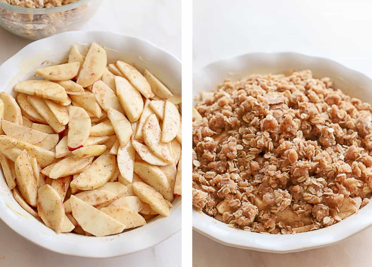 Unbaked apple crisp in a white circular baking dish.