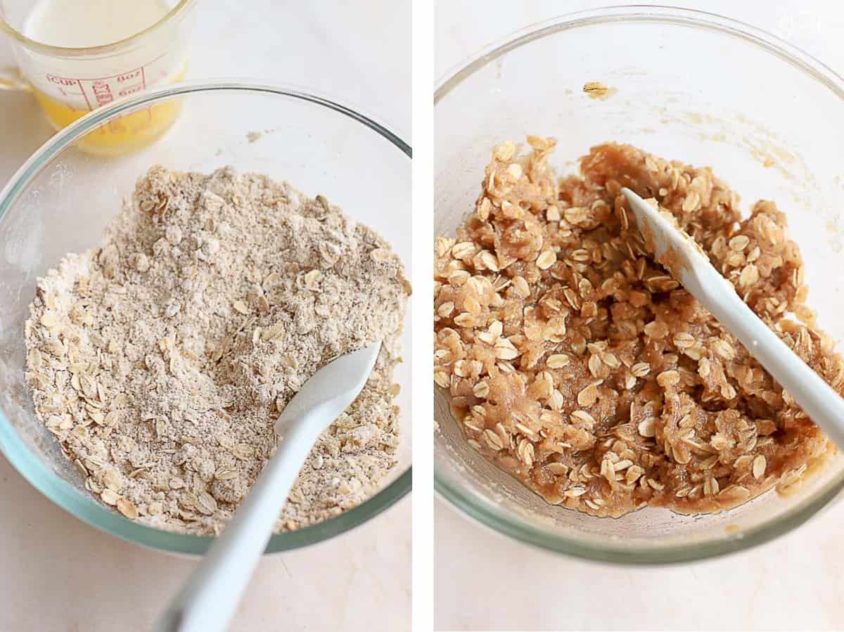 Apple crisp topping in a glass bowl.