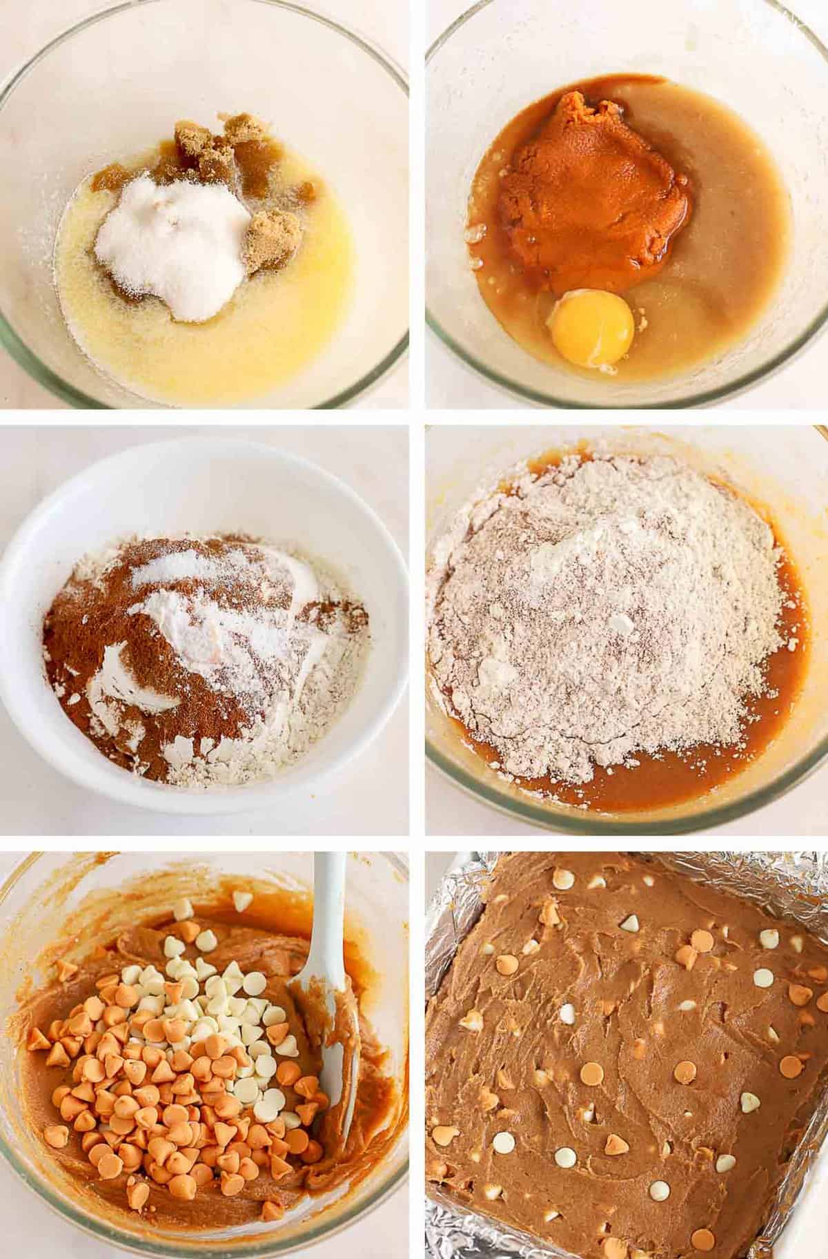 Collage of step by step photos making pumpkin blondies.