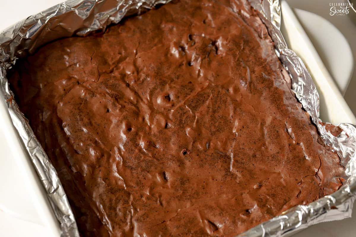 Brownies in a foil lined pan.