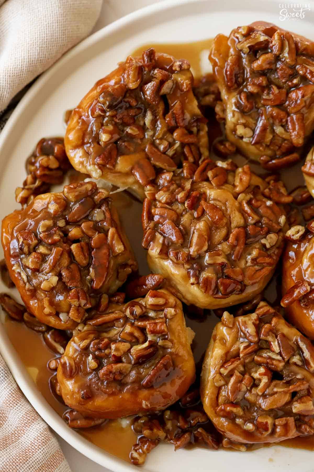Sticky buns on a white plate.