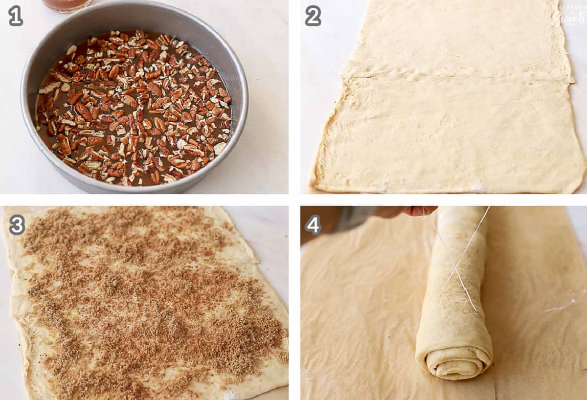 Collage of four photos showing how to make sticky buns.