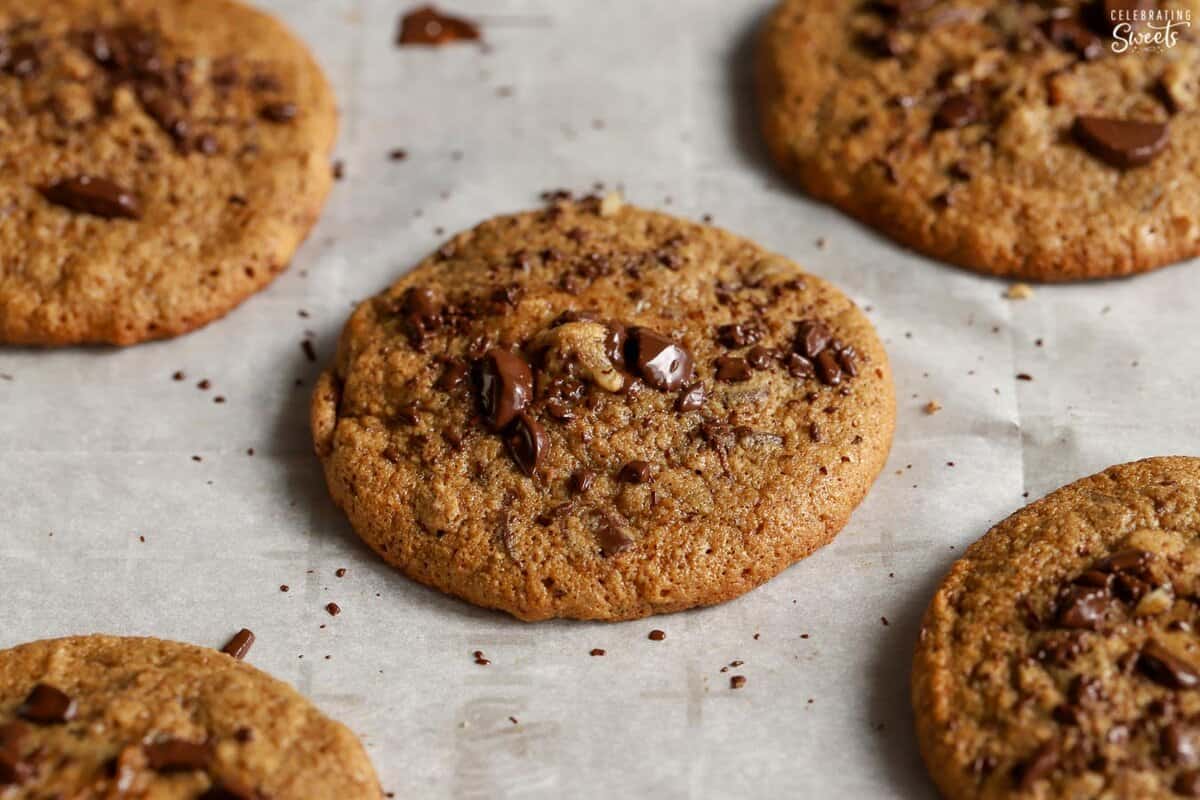 Closeup of healthy chocolate chip cookies on a baking sheet.