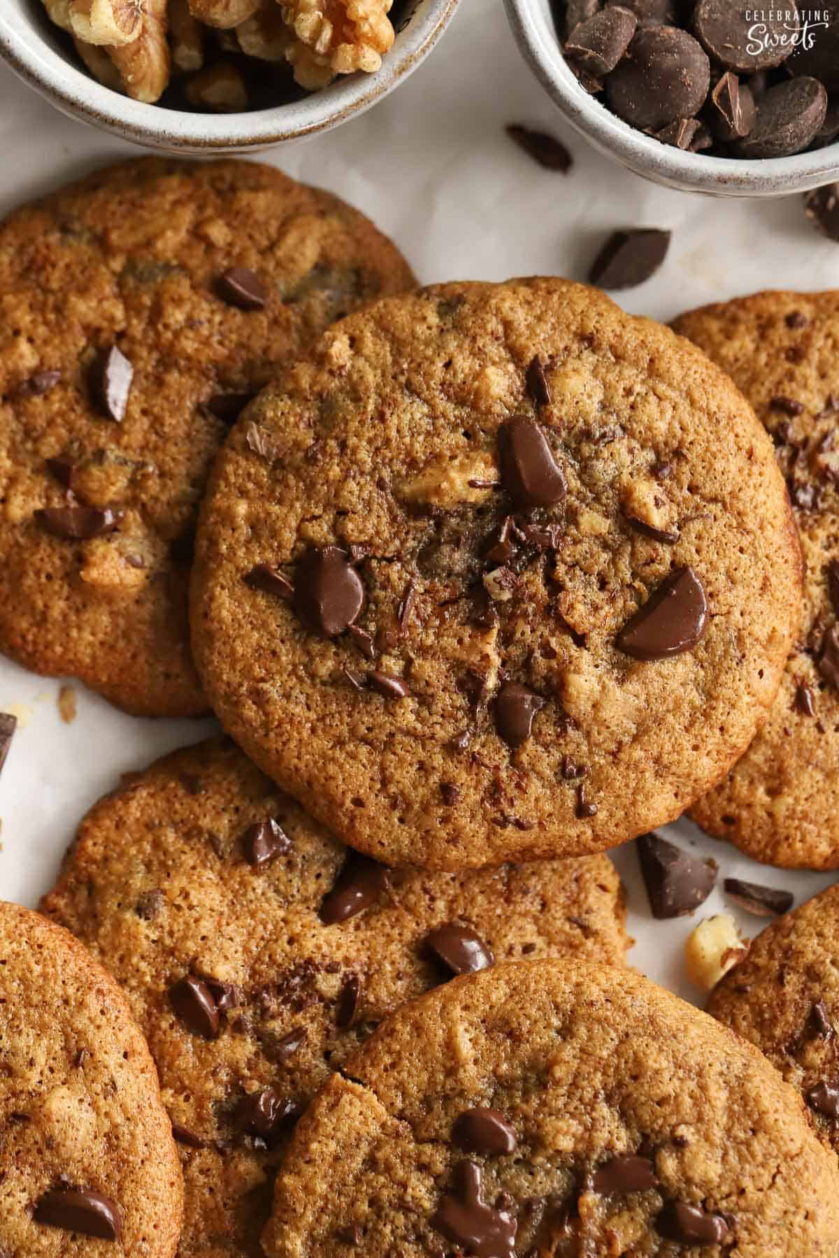 Closeup of healthy chocolate chip cookies.