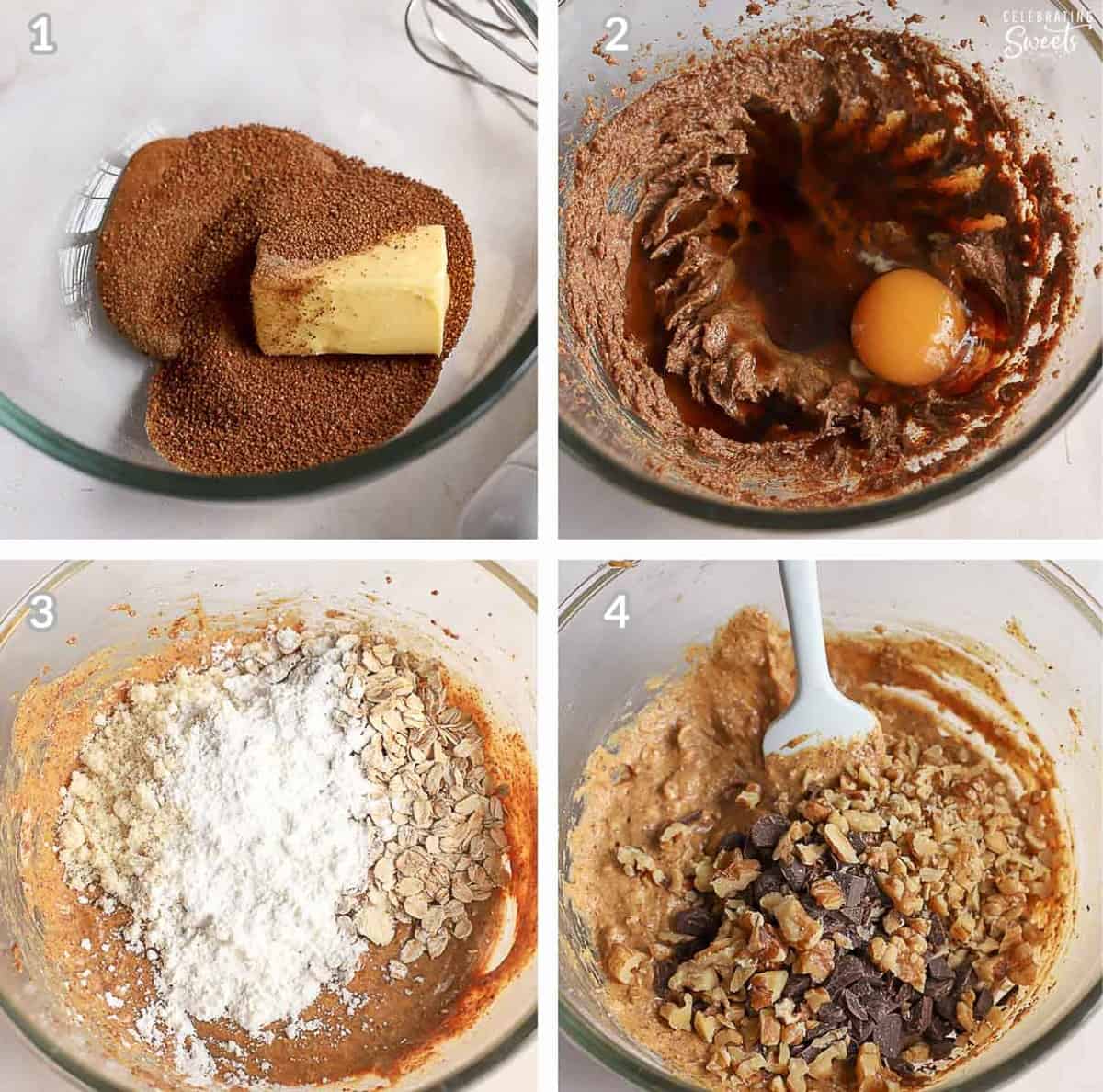Four photo collage of healthy chocolate chip cookie dough.