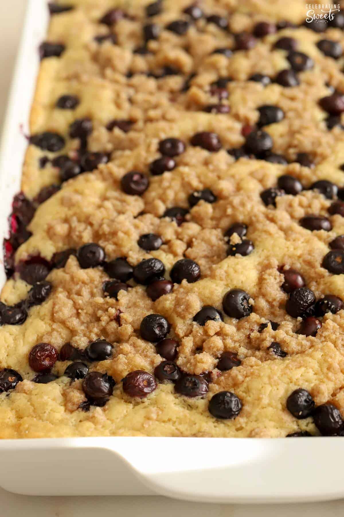Blueberry Pancake Casserole in a white baking dish.