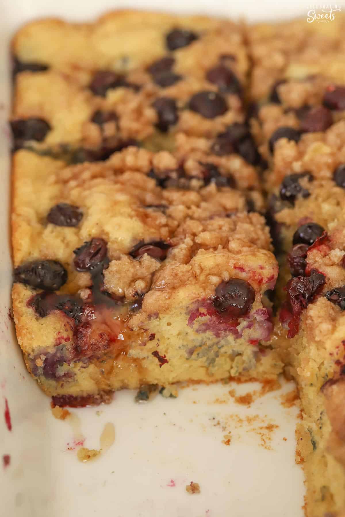 Blueberry Pancake Casserole in a white baking dish.
