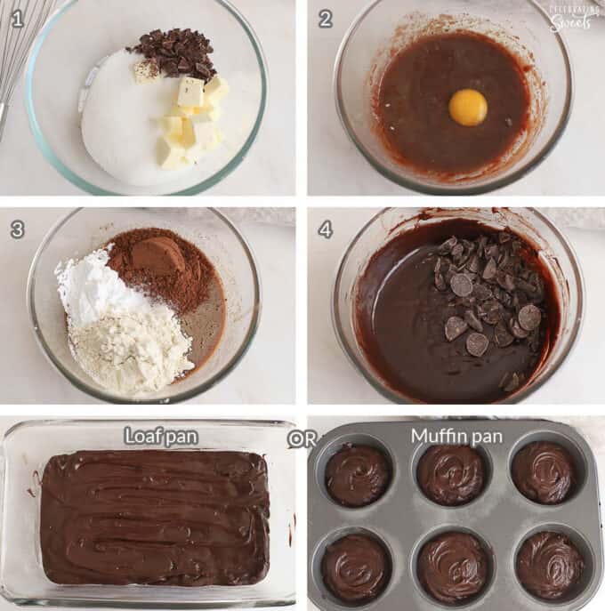 Collage of how to make small batch brownies (batter in a bowl and in a loaf pan and muffin pan).