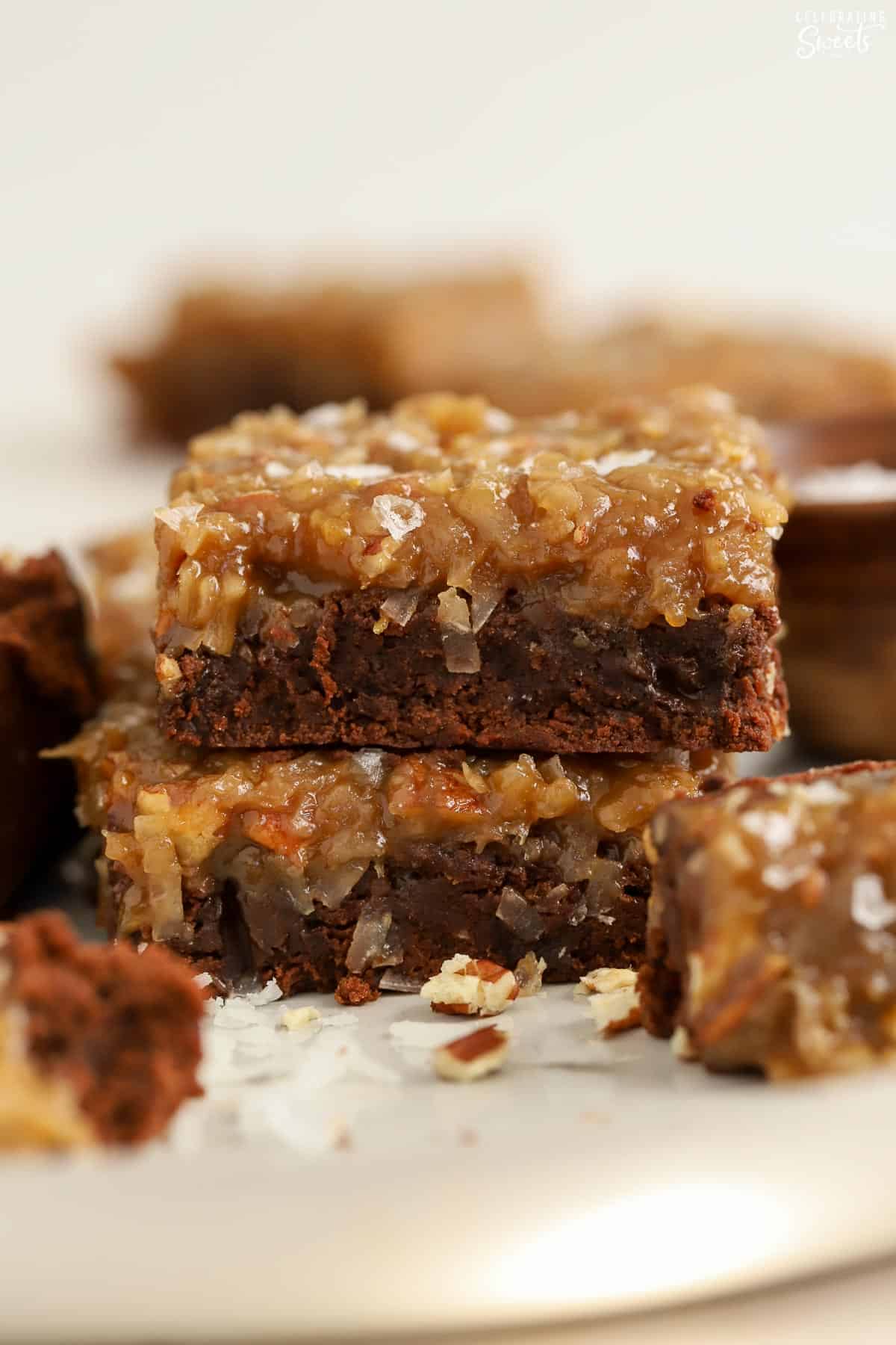 Stack of two german chocolate brownies.