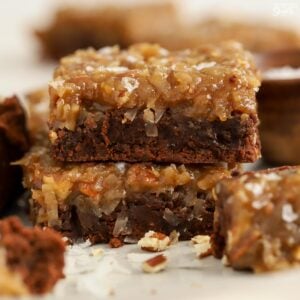 Stack of two german chocolate brownies.