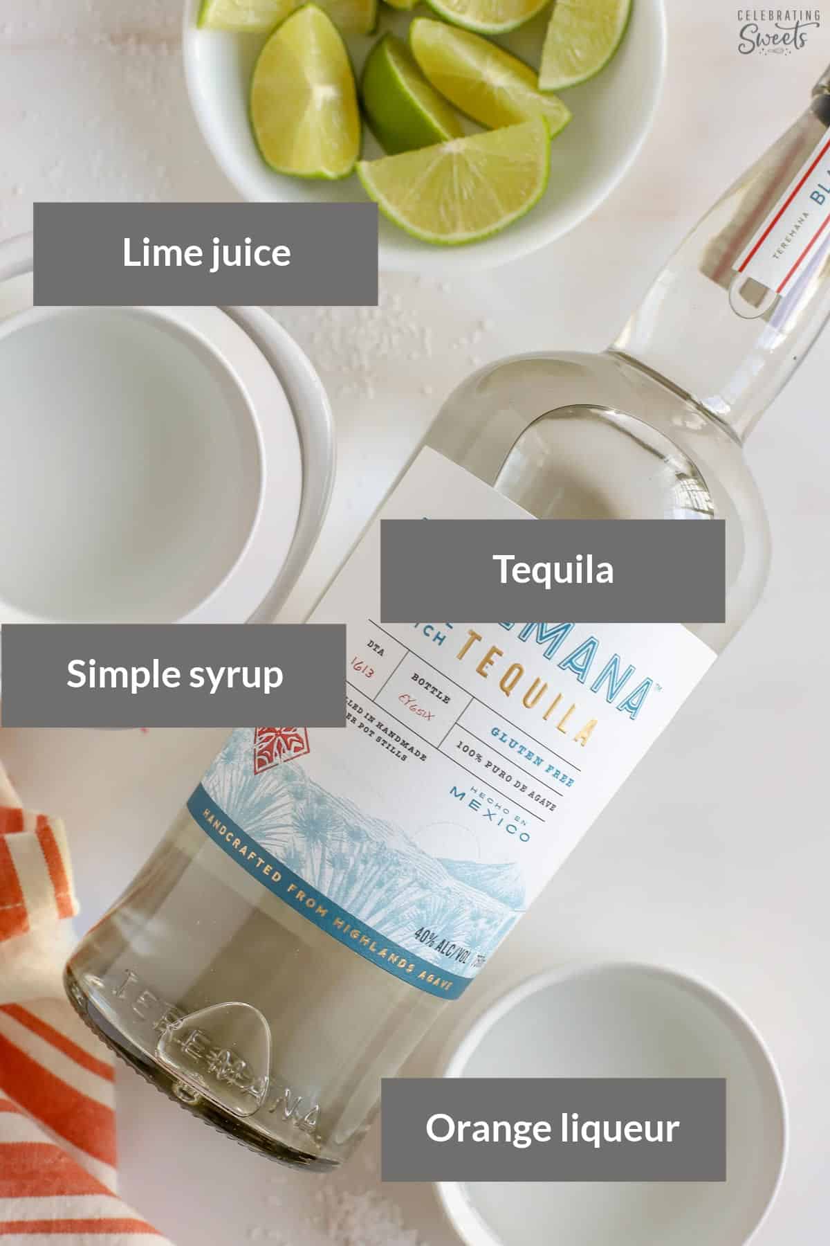 Tequila, orange liqueur, simple syrup, and limes for a frozen margarita recipe.