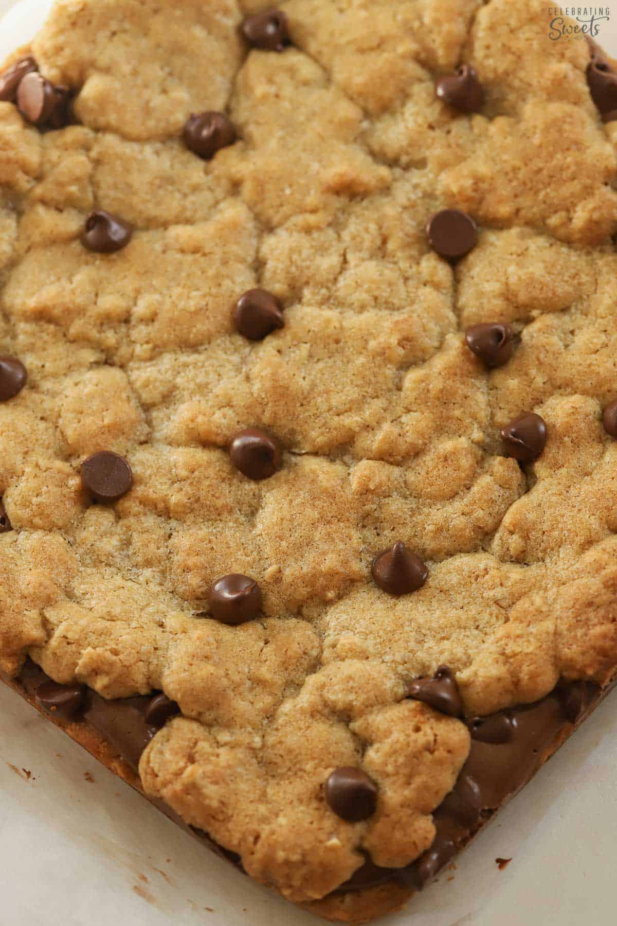 Pan of nutella cookie bars topped with chocolate chips.