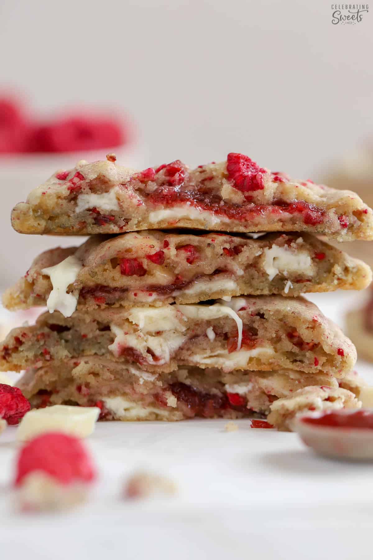 Stack of white chocolate raspberry cookies.