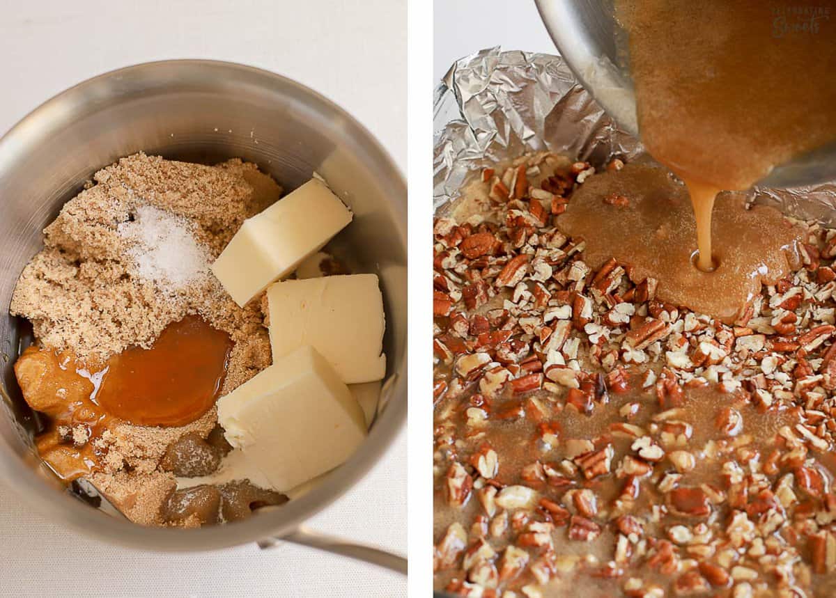 Caramel sauce in a saucepan and being poured over pecans.