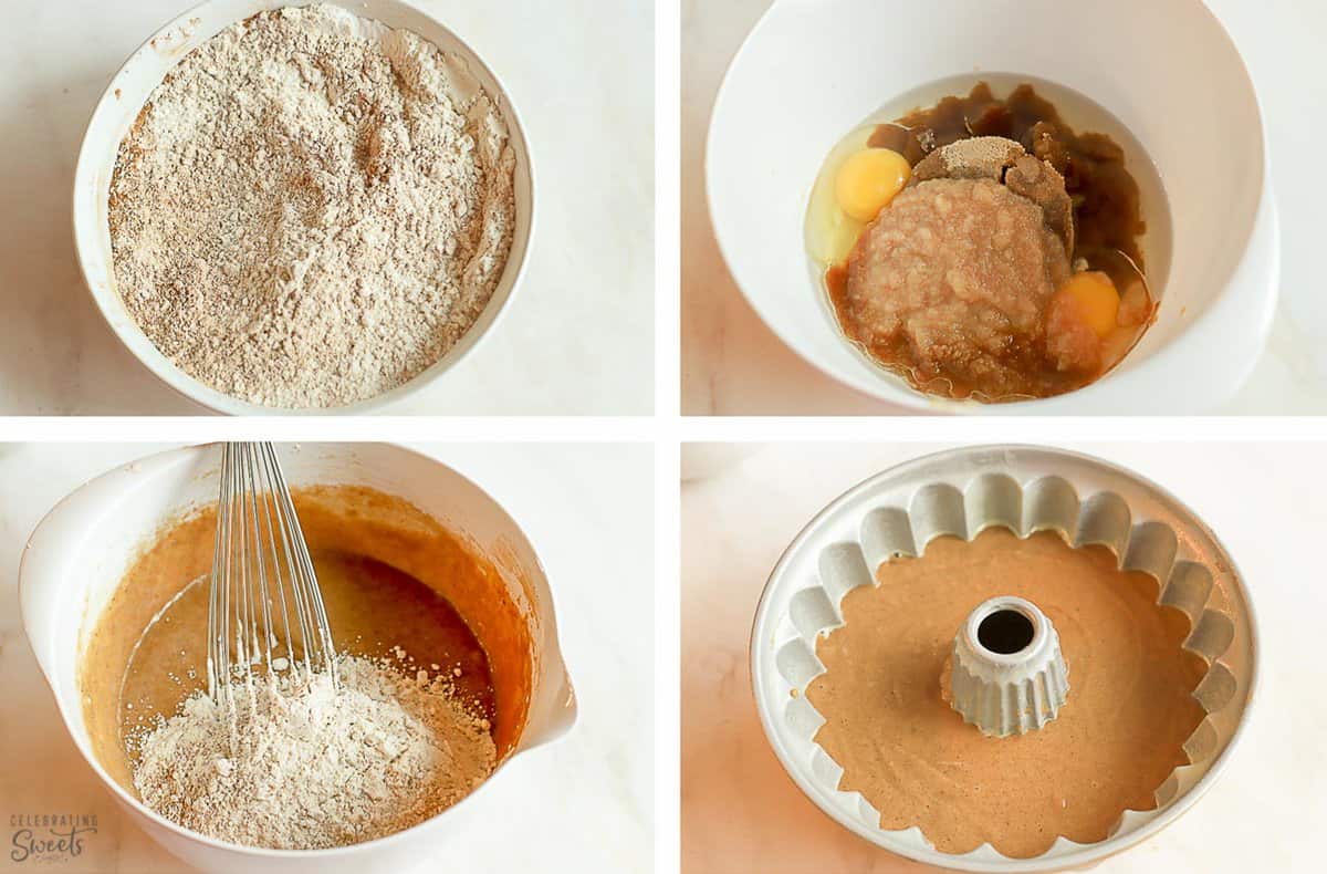 Collage of how to make spice cake (batter in a white bowl and a bundt pan).