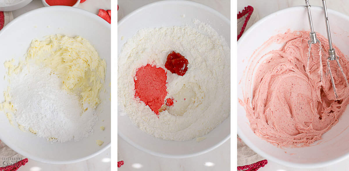 Strawberry buttercream frosting in a large white bowl.