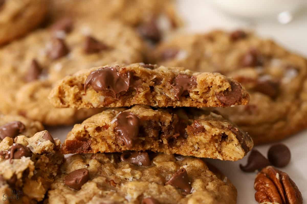 Cowboy cookie split in half stacked on top of each other.