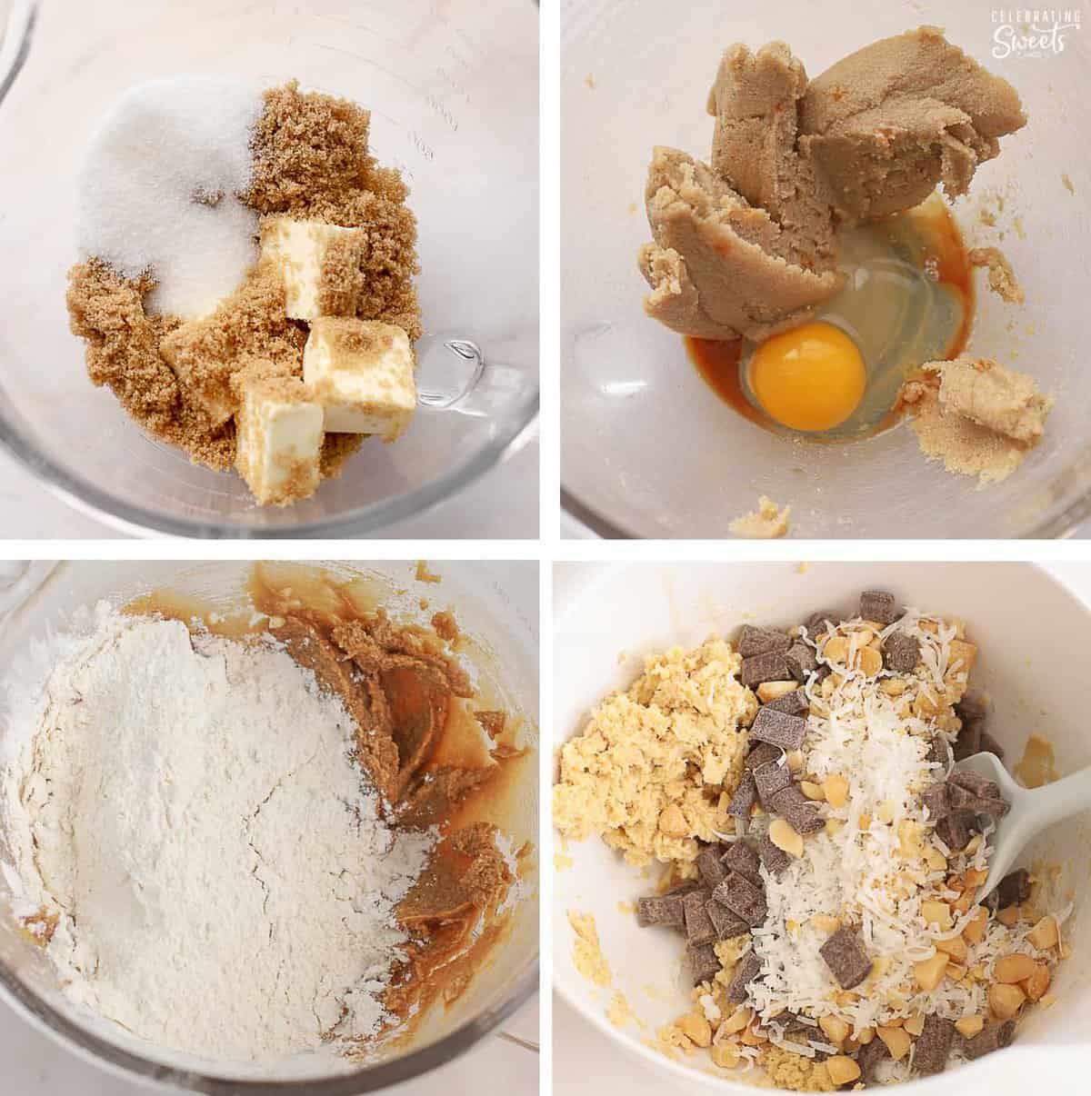 Collage of four photos showing how to make coconut chocolate chip cookies.