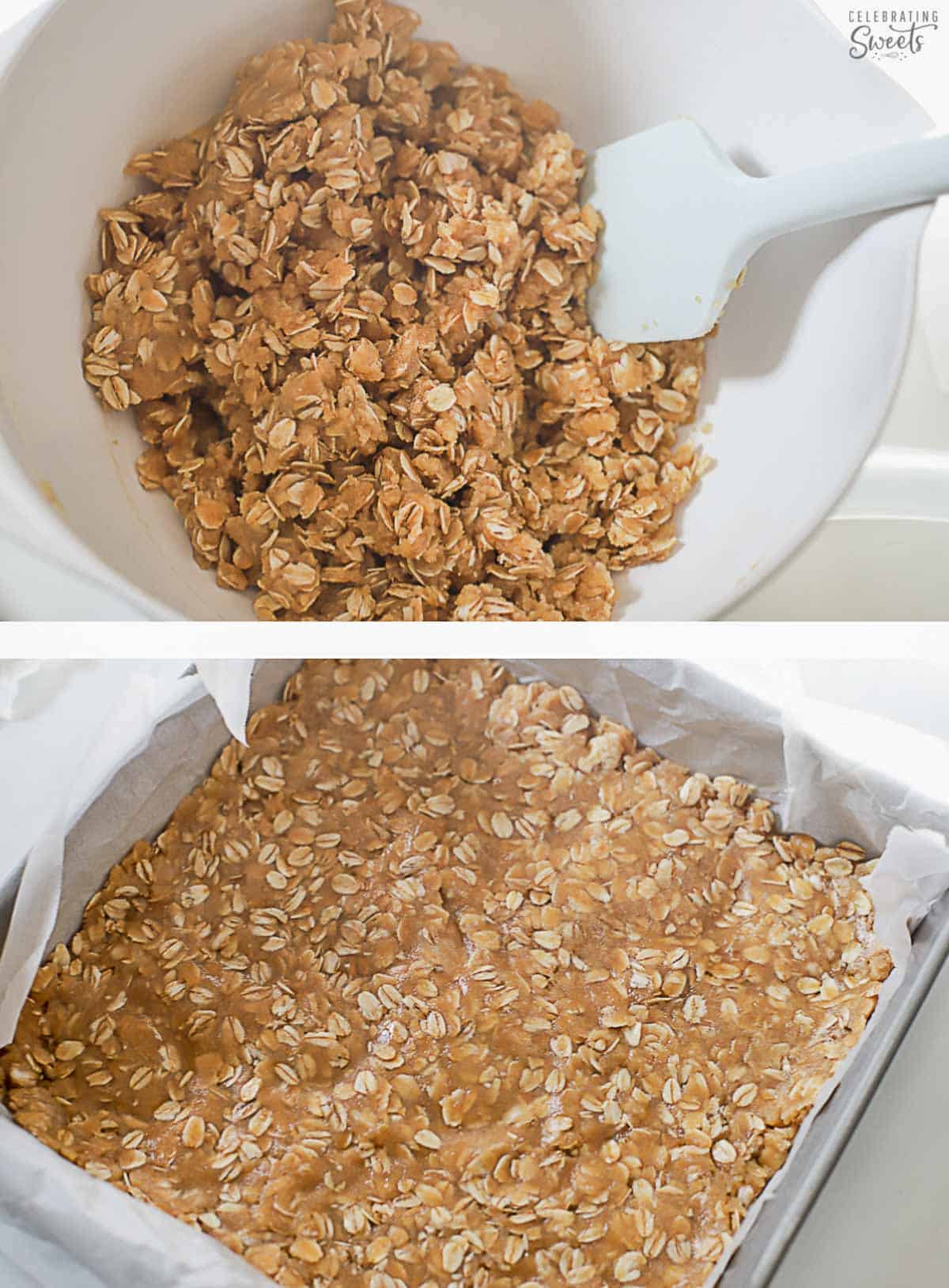 Topping and crust for Raspberry Bars (in a bowl and pressed into a square pan).