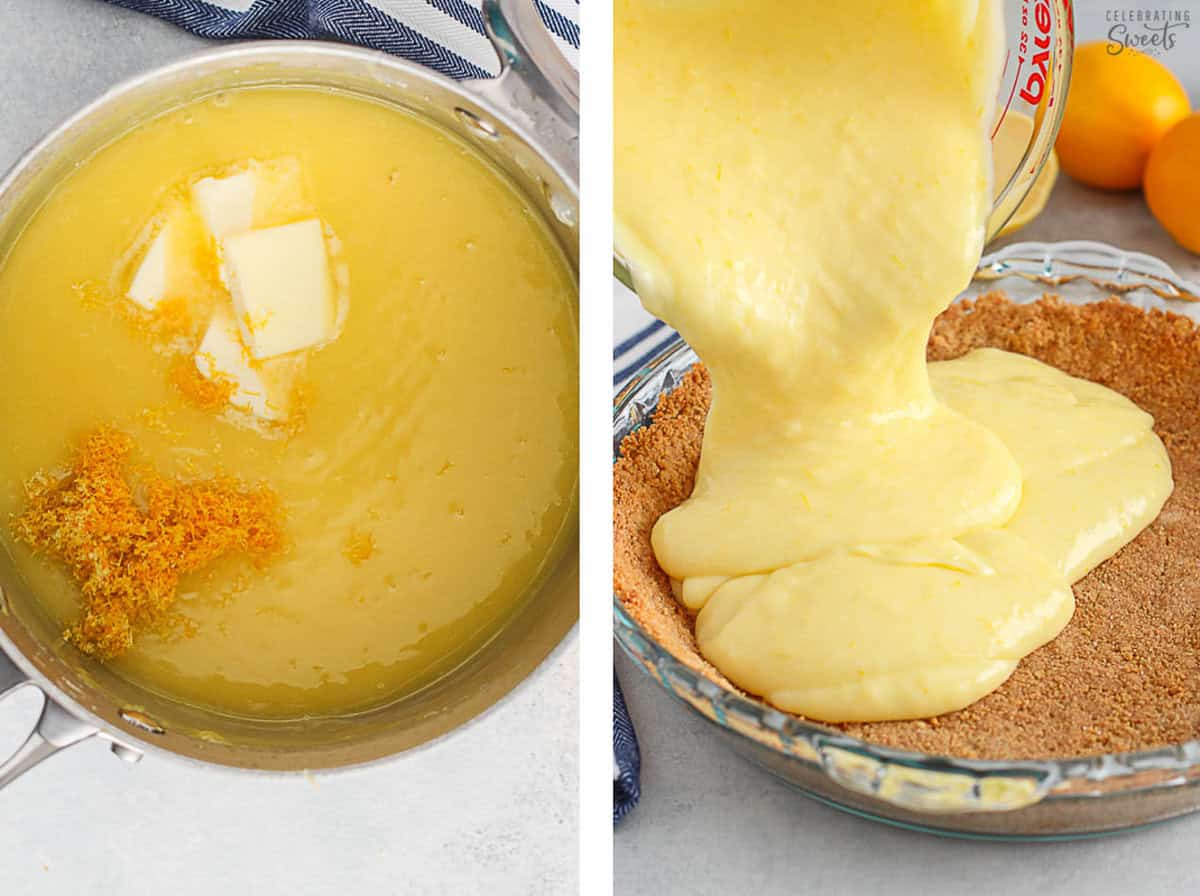 Lemon cream pie filling in a saucepan and being poured into a pie crust.