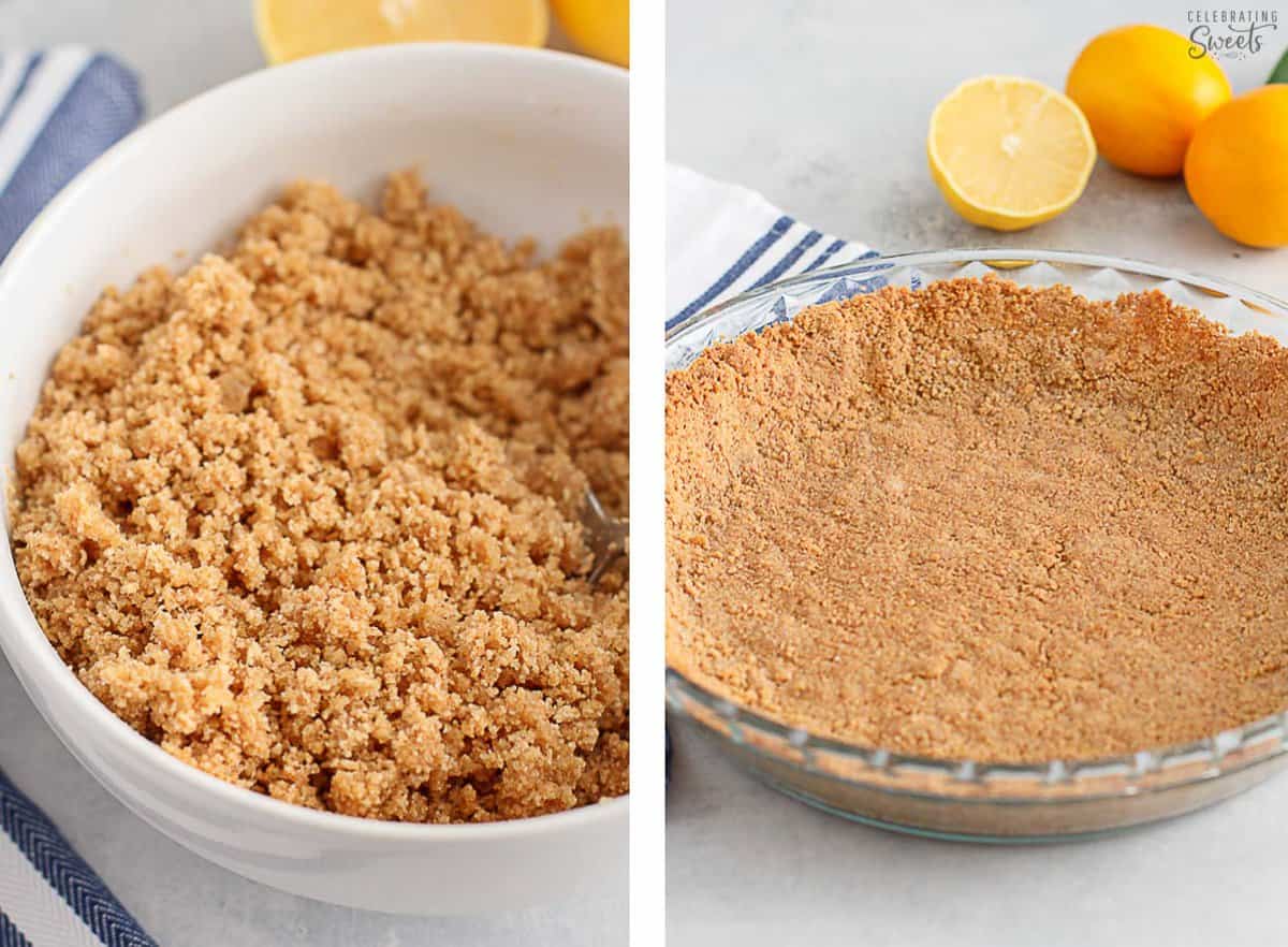 Graham cracker crust in a white bowl and pressed into a glass pie plate.