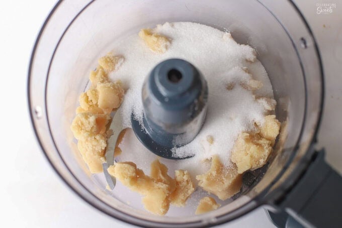 Almond paste and sugar in a food processor.