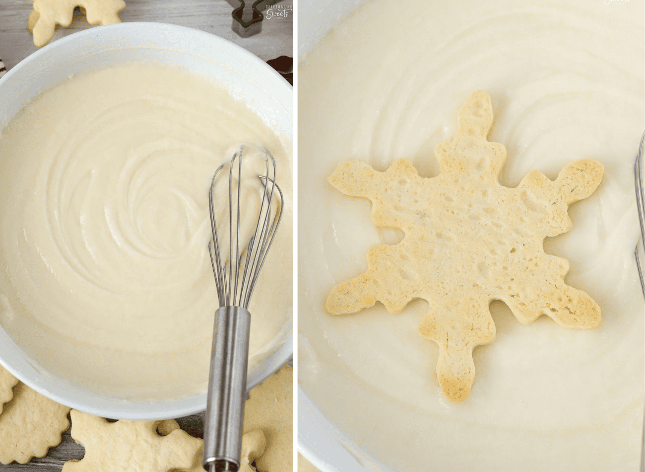 Two photo collage of melted sugar cookie frosting in a bowl and with a snowflake cookie in it.