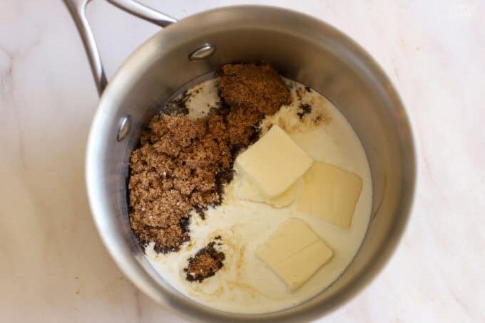 Brown sugar, butter, and cream in a small saucepan.
