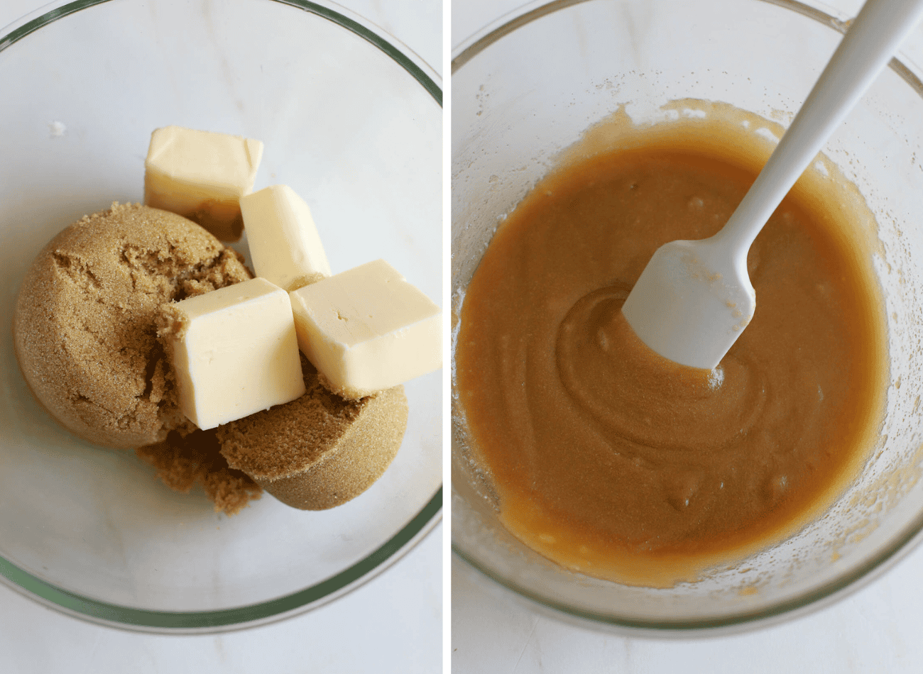 Butter and brown sugar in a glass bowl.